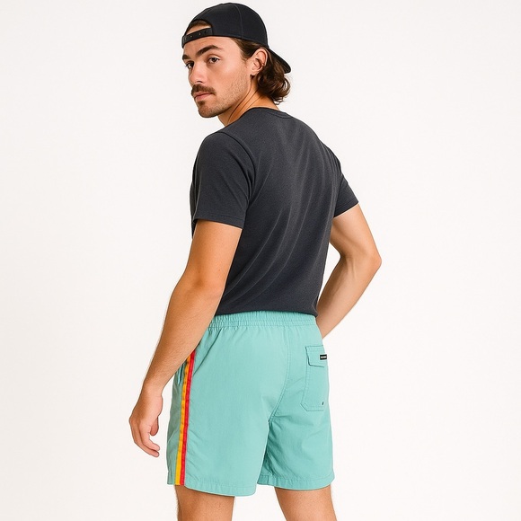 Quiksilver Retro Swim Trunks — Aqua w/ Rainbow Stripe (M) Surf Board Shorts - Picture 4 of 14